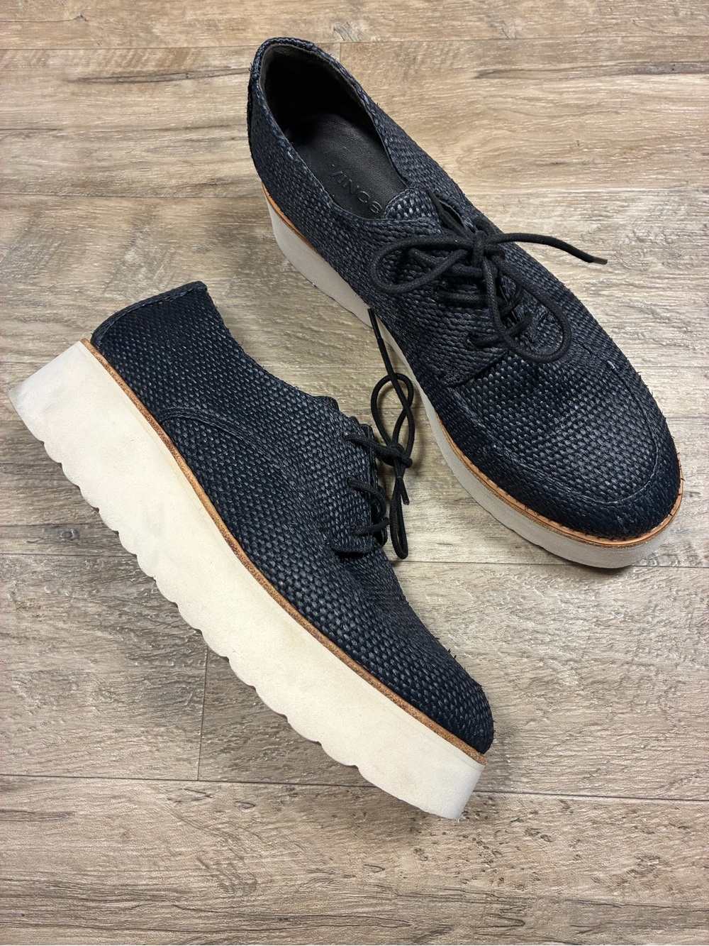 Vince Zina Platform Lace Up Shoes Woven Oxford in Black Raffia Leather